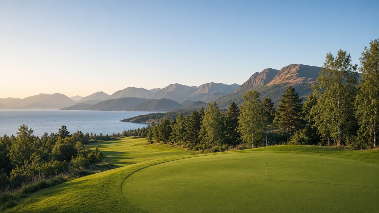 Golfbane ved en norsk fjord i kveldssol